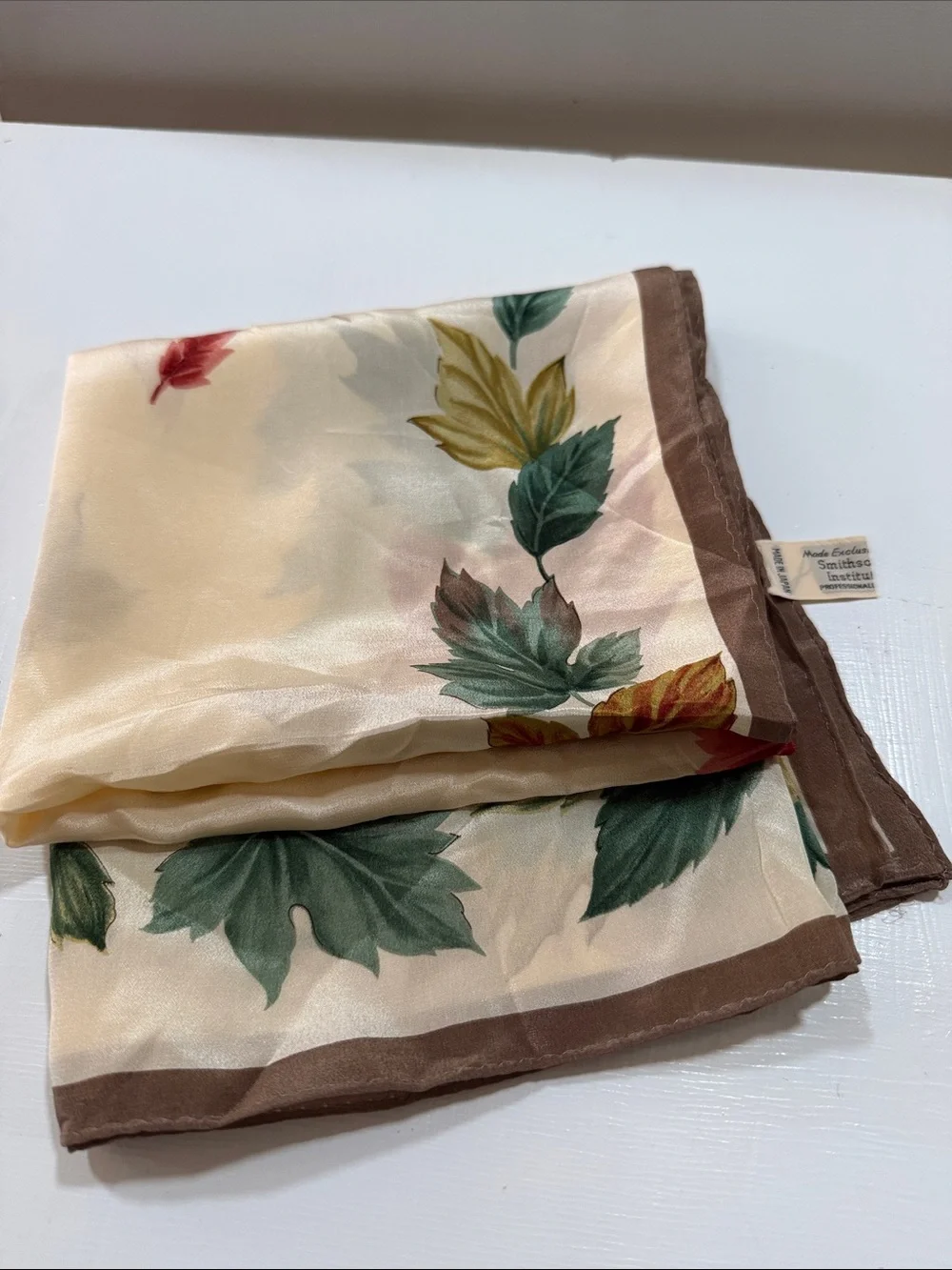 Smithsonian 1990 Silk-Cream Floral Autumn Leaf Scarf Brown Border New never used
